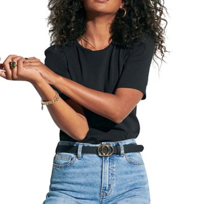 Ceinture Cuir Noir Boucle Ronde Pied-de-col Femme