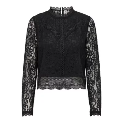 Haut Noir Femme Avec Dentelle Manches Longues - Taille S - Occasion En Très Bon état (TBE) - Sans Marque