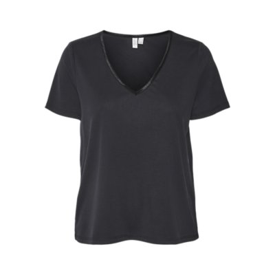 T-shirt Femme Col V En Maille Côtelée - Coupe Ajustée, Manches Courtes - Coton Extensible Doux