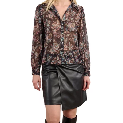 Chemise Longue Femme Imprimé Fleurs Et Oiseaux - Taille 10 - Noir Coloré - Occasion Très Bon état